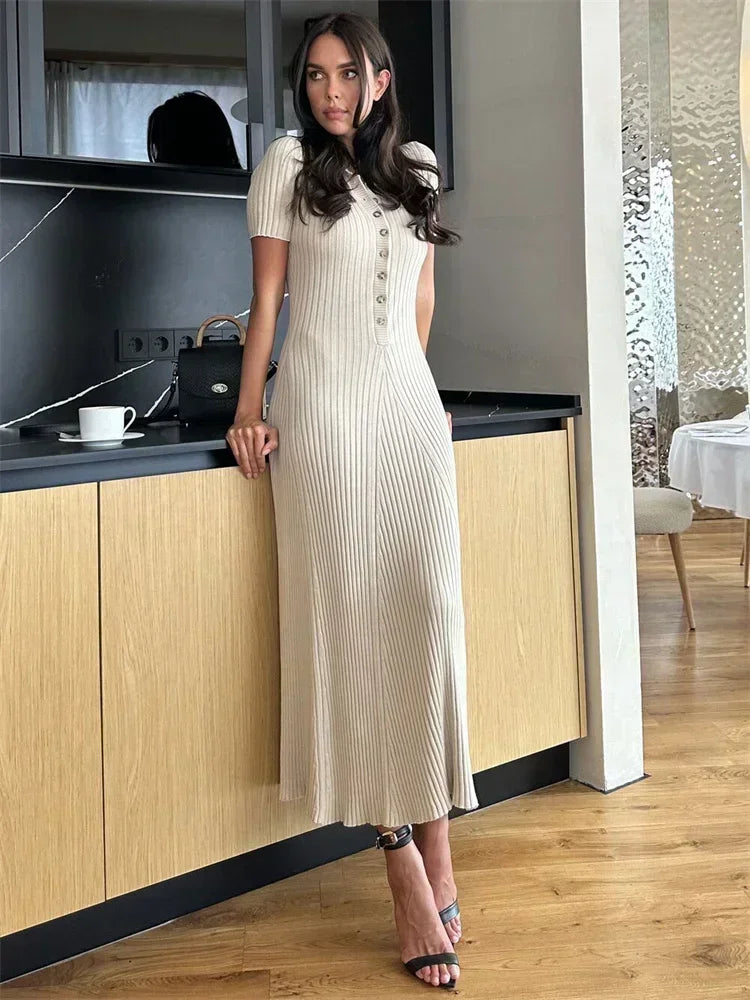 Ribbed Knit Polo-Collar Short-Sleeve Button-Front Maxi Dress 9