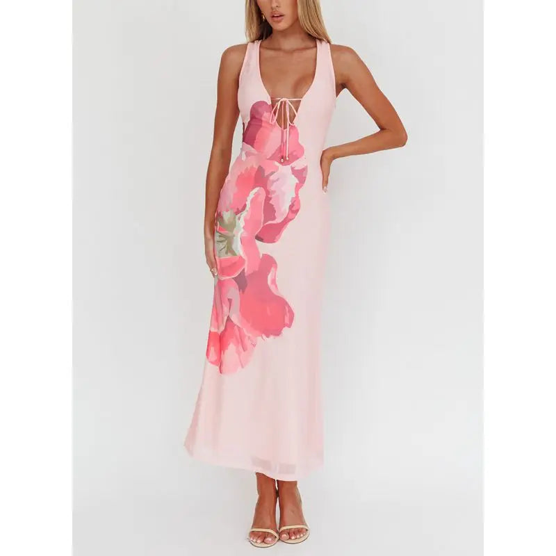 Floral Print V-Neck Tie-Front Slip Maxi Dress 6