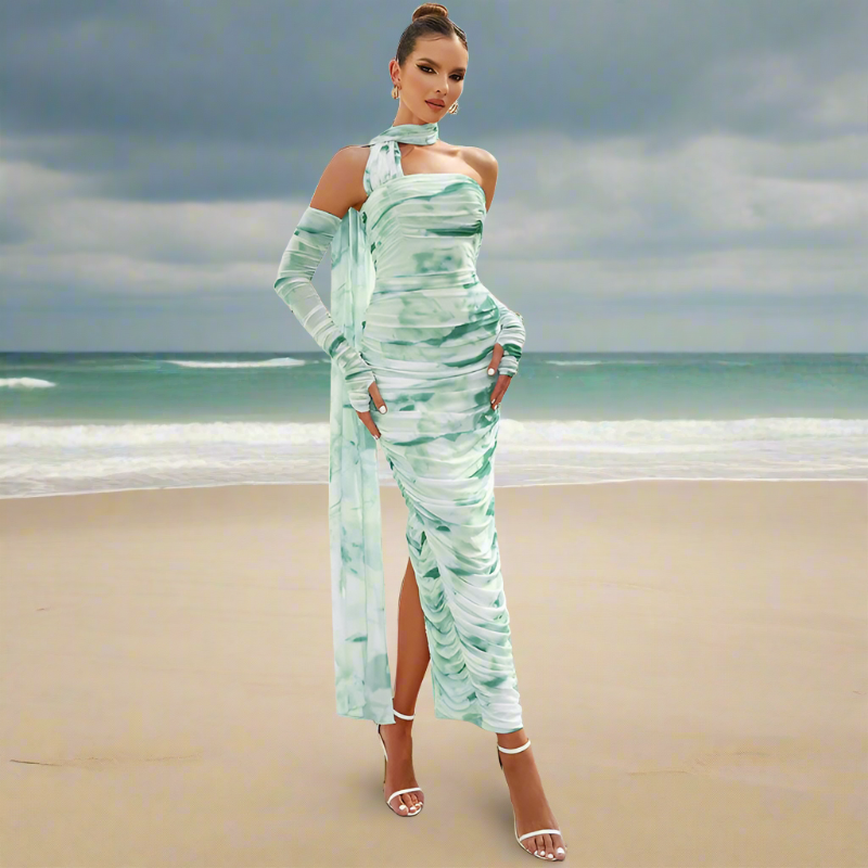Tie Dye One Shoulder Long Sleeve Ruched High Split Maxi Dress
