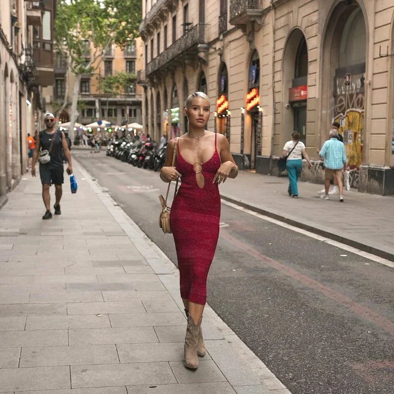 Shiny Silk Knit Metal Ring Bodycon Dress - View 9