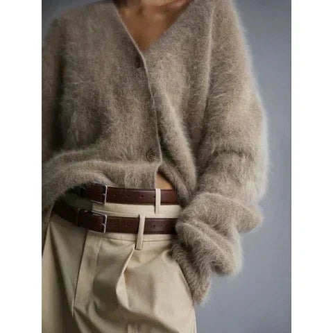 V-Neck Button Front Fuzzy Knit Oversized Cardigan 2