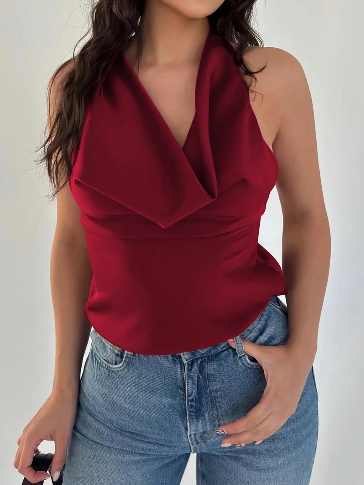 Halter Lace Up Ruched Solid Cami Top