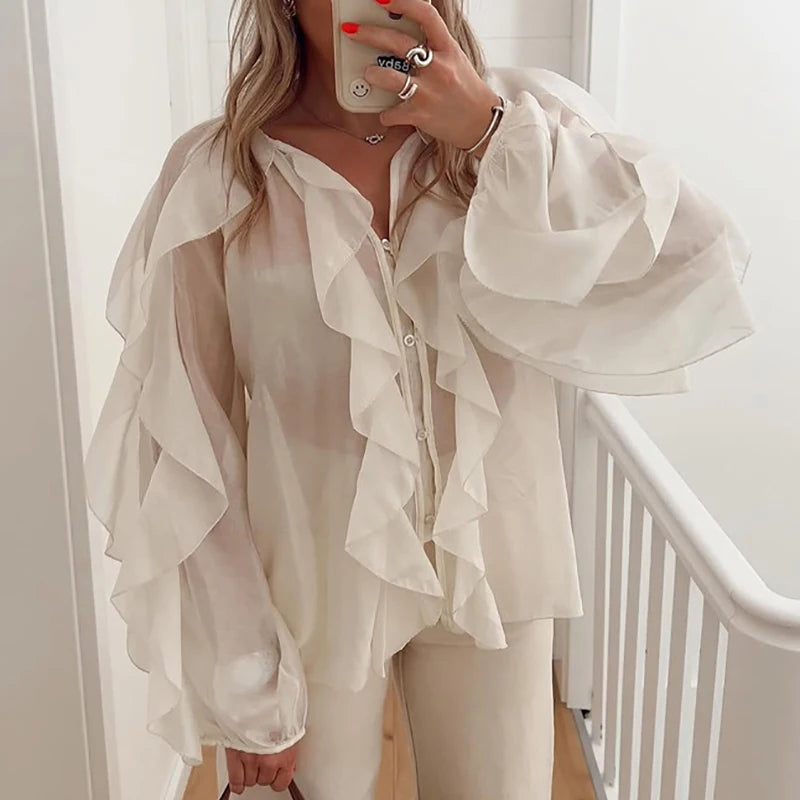 Elegant V-neck Long Sleeve Ruffle Blouse for Office Wear