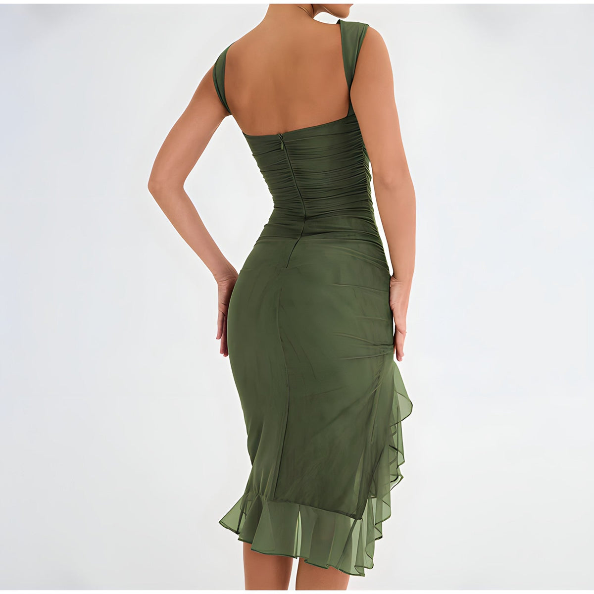Ruched Crew Neck Sleeveless High Low Ruffle Hem Midi Dress - View 6