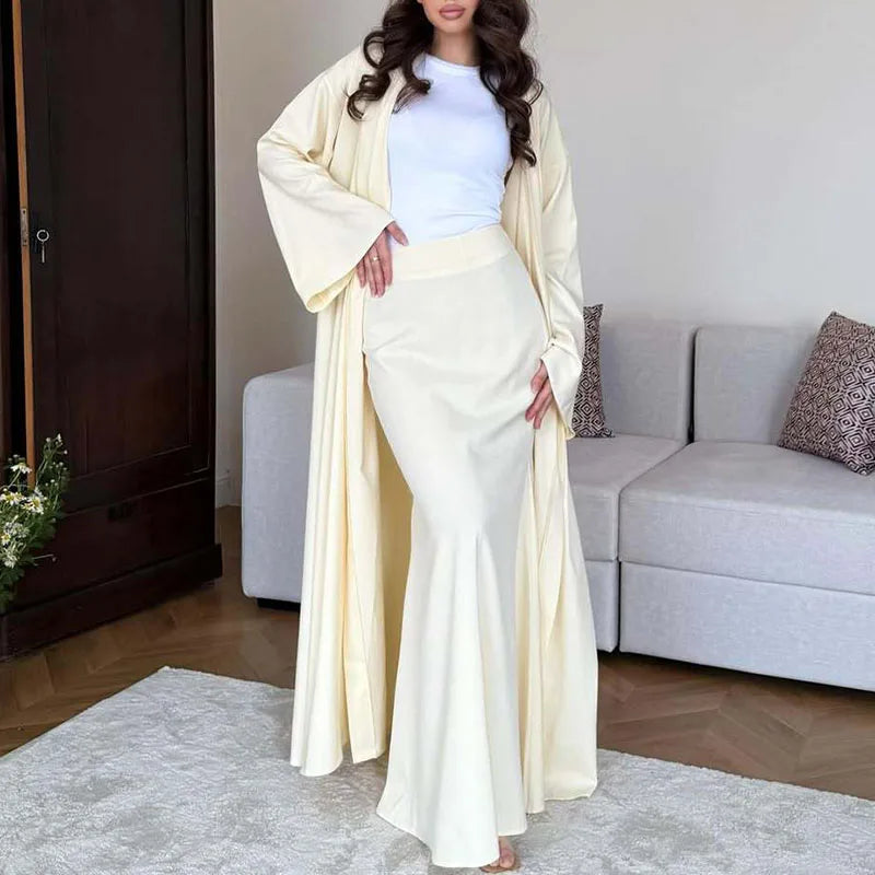 Elegant Women's V-neck Robe Coat and Skirt Set in Cotton Linen