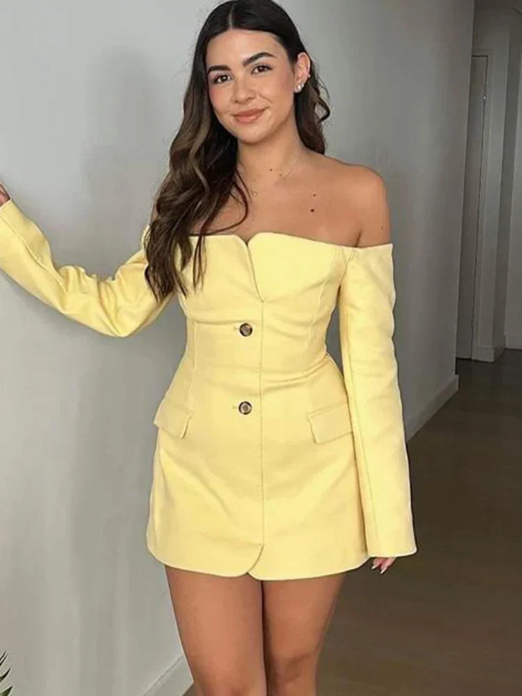 Off Shoulder Button Front Long Sleeve Blazer Mini Dress