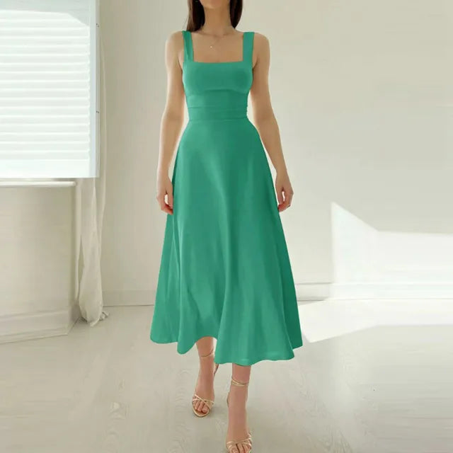 Square Neck Wide Strap Fitted Bodice A-Line Midi Dress - View 8