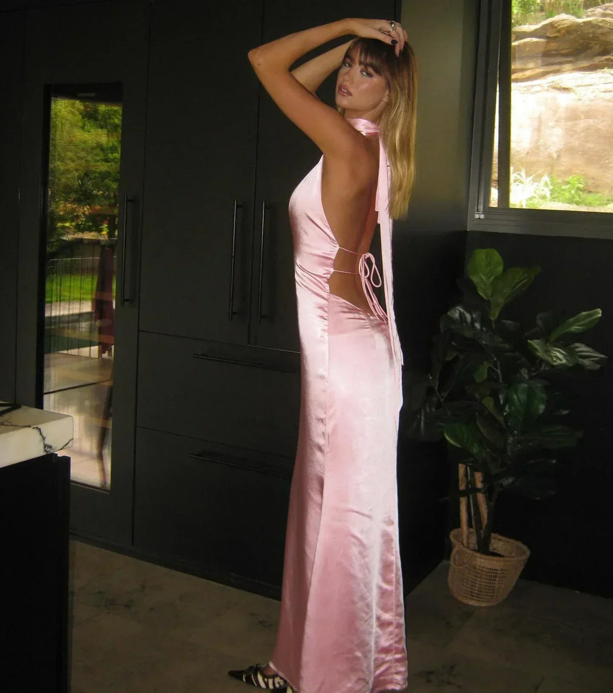 Satin Halter Neck Choker Deep V-Neck Bodycon Maxi Gown 34
