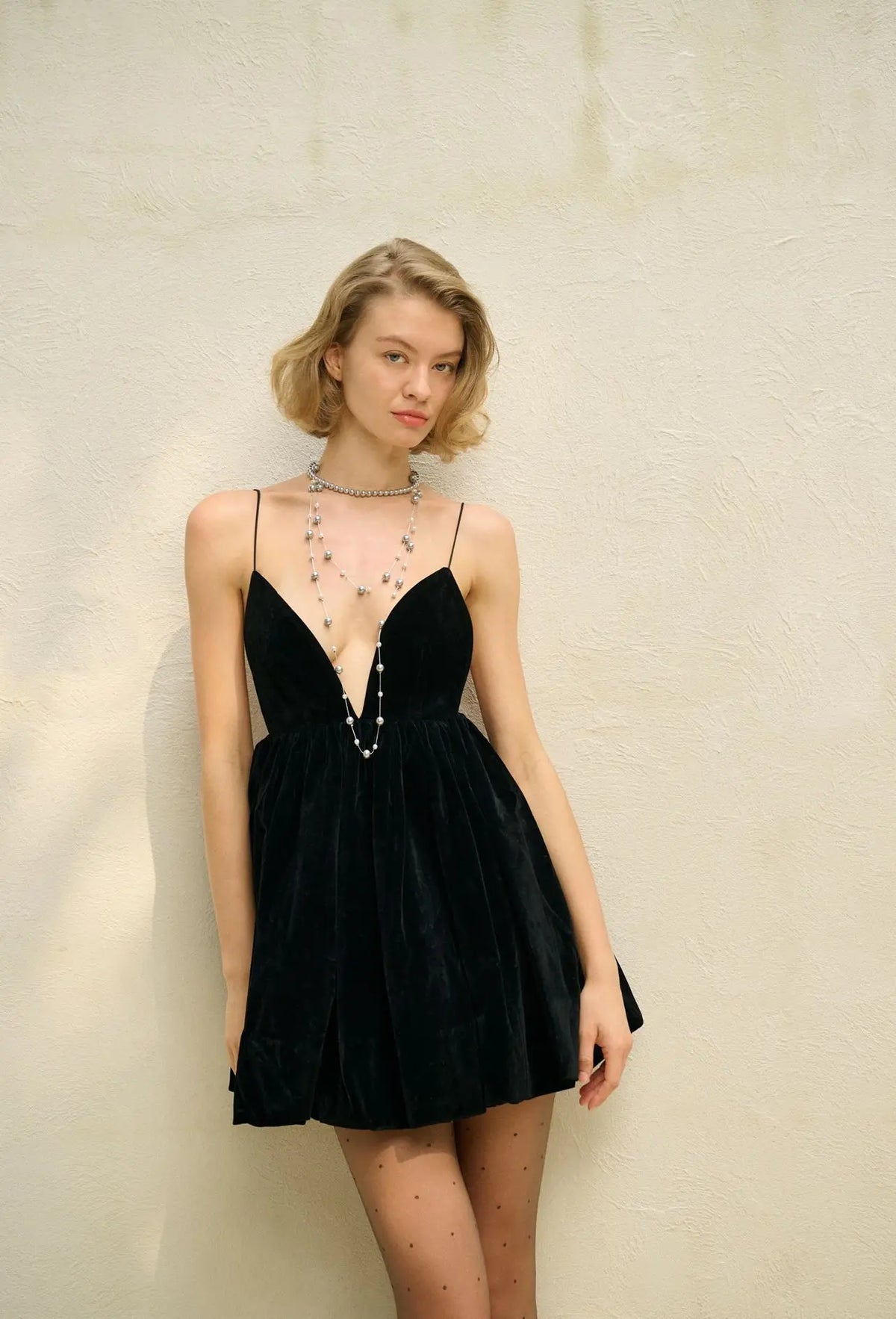 Velvet Deep V Neck Mini Lantern Dress - View 6
