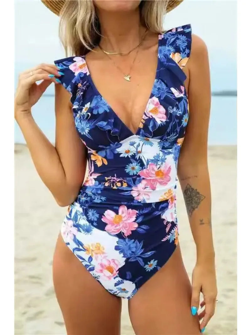 Ruffled V-neck Lace Up One Piece Set