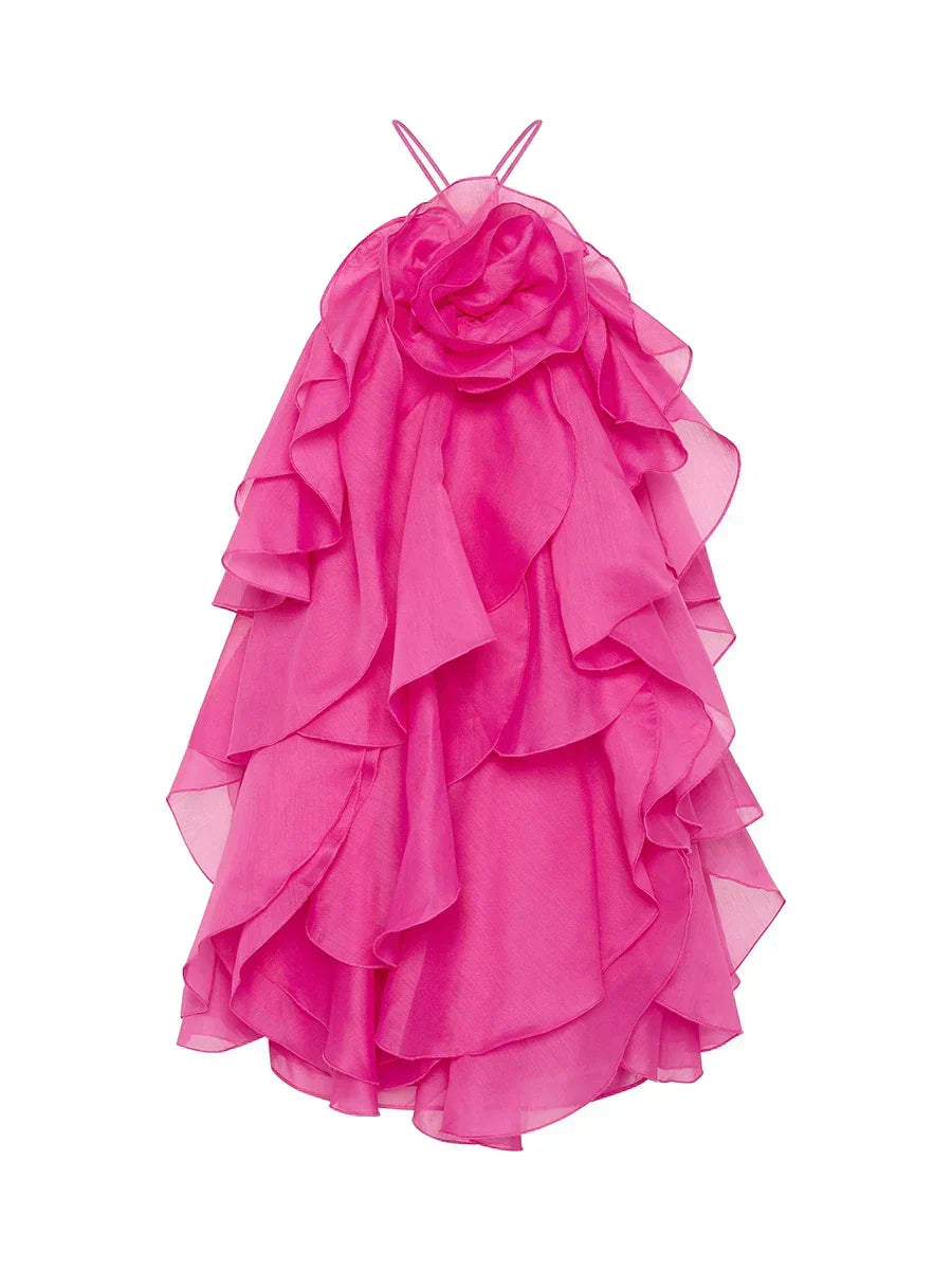 Halter Neck 3D Rosette Tiered Ruffle Organza Mini Dress - View 8