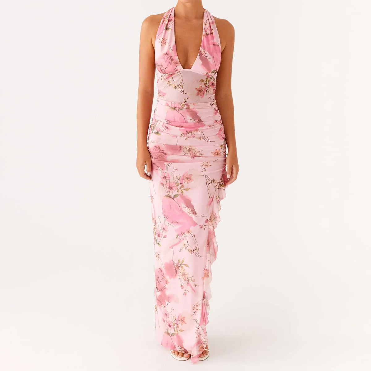 Floral Print Halter Neck Ruched Ruffle Maxi Dress 3