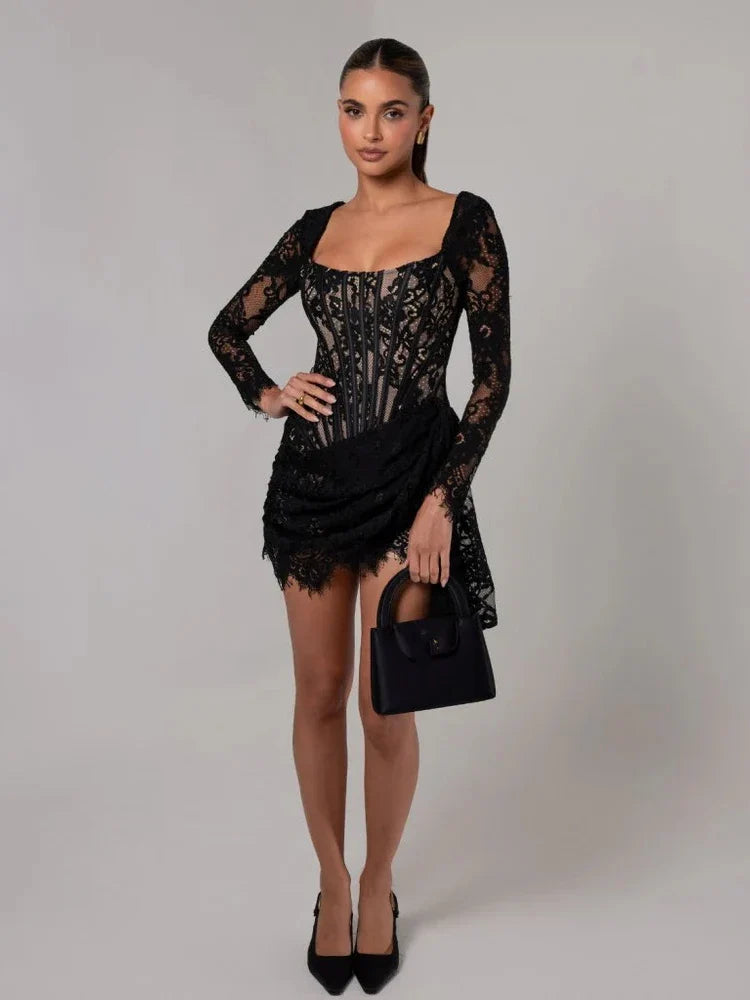 Corset Draped Square Collar Ruched Lace Dress