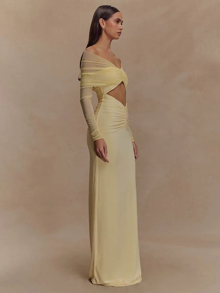 Off Shoulder Long Sleeve Cut Out Ruched Maxi Dress - View 2
