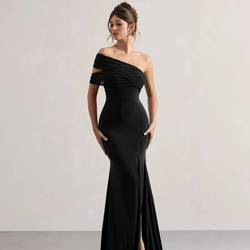 Solid One Shoulder Mesh Slit Long Dress - View 8