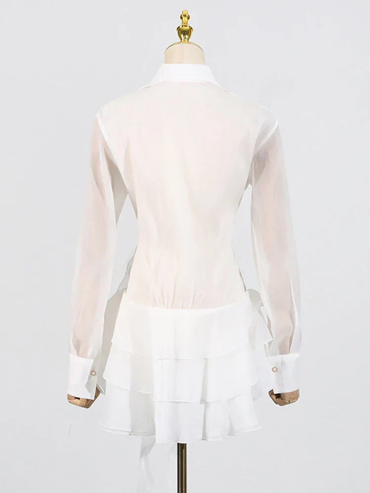 Sheer Long Sleeve Wrap Shirt Collar Rosette Tiered Ruffle Mini Dress - View 4