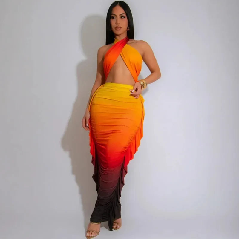 Gradient Halter Crop Top Ruffles Three Piece Swim Sets - Fashionpara