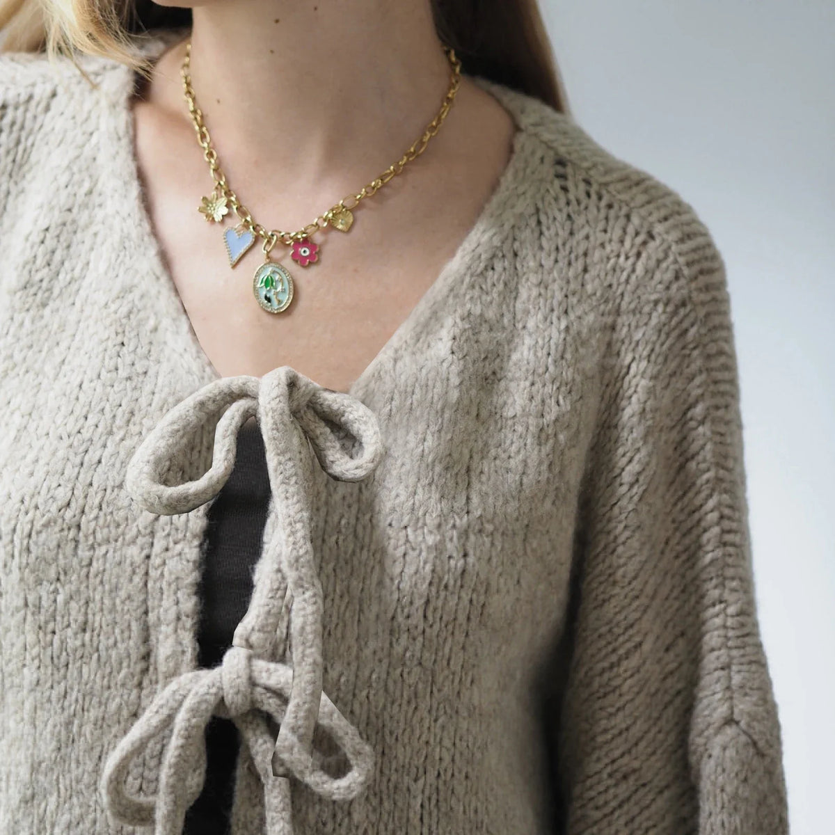 Tie-up V-neck Solid Loose Knit Cardigan