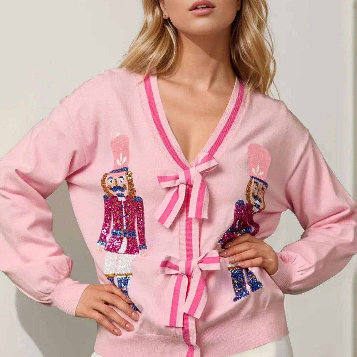 Glitter Sequined V-neck Bow Button Cardigan