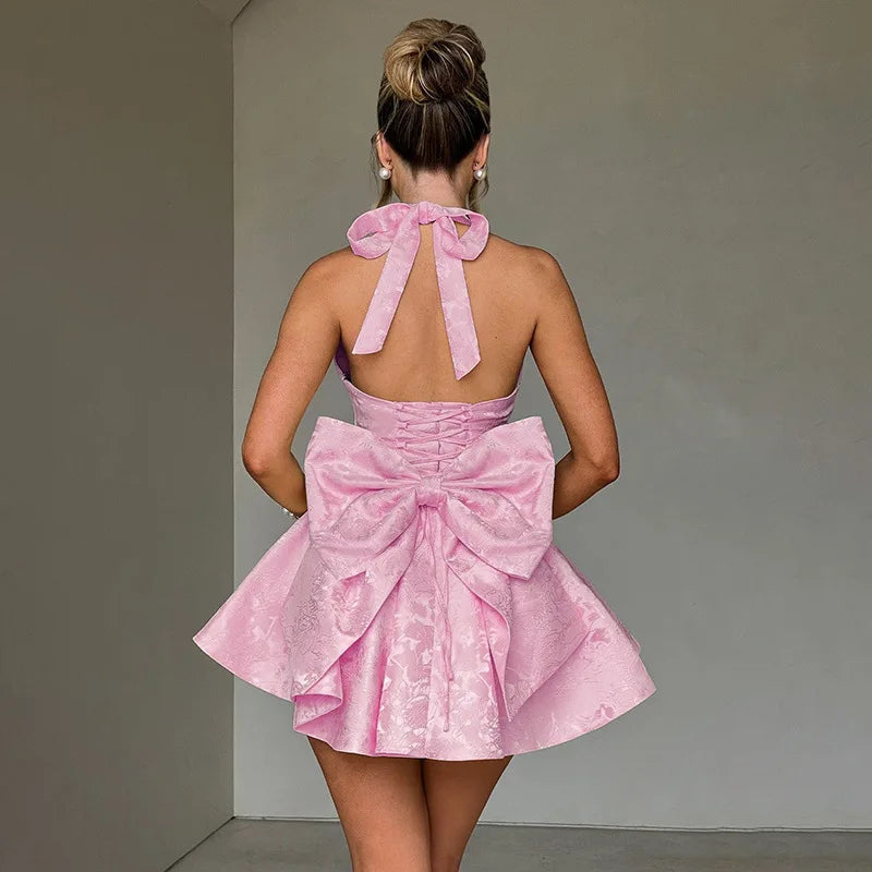 Jacquard Bow Backless Pink Party Dress
