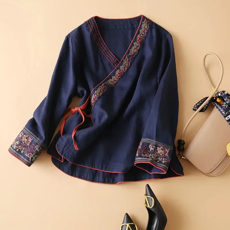 Embroidered Trim V-Neck Long Sleeve Wrap Blouse 7