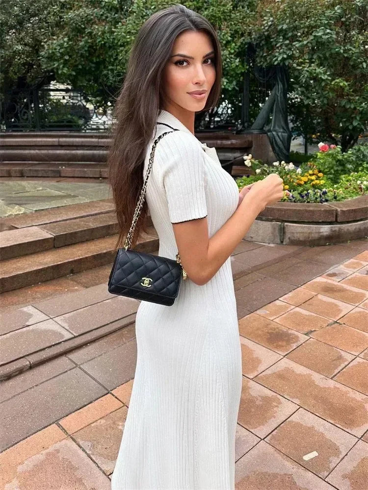 Ribbed Knit Collared Short Sleeve Midi Dress