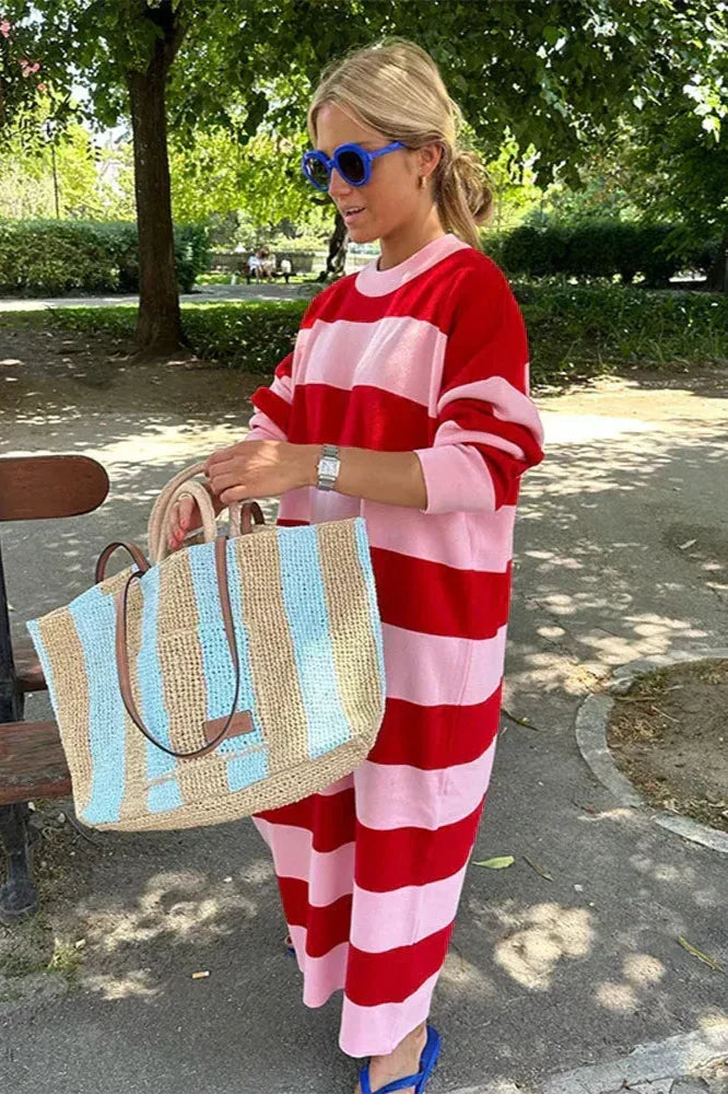 Striped Knit Crew Neck Long Sleeve Oversized Midi Dress - View 2