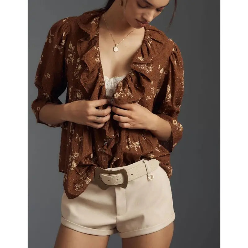 Ruffle Trim Swiss Dot Blouse