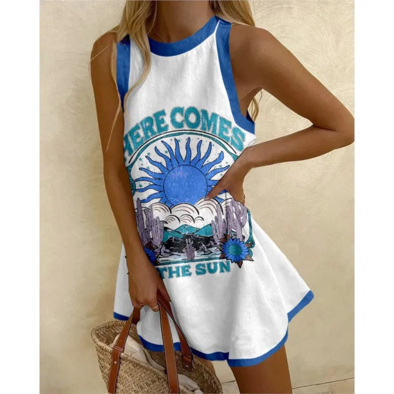 Sun Graphic Print Sleeveless Contrast Trim Skater Mini Dress