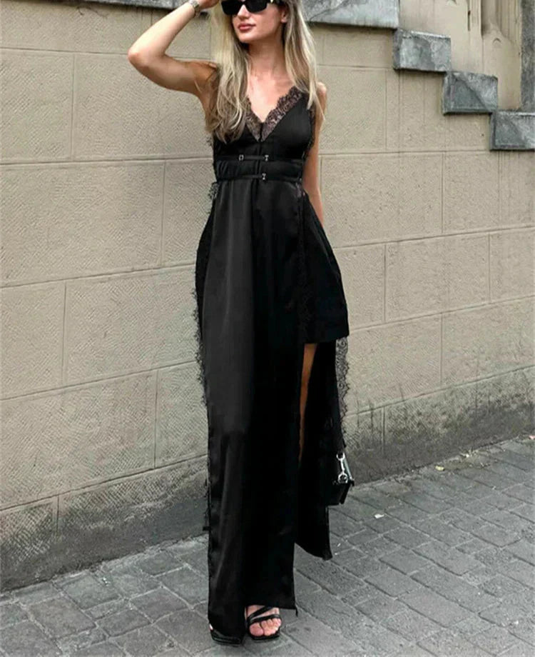 Lace Satin Patchwork High Split Maxi Dress - View 9