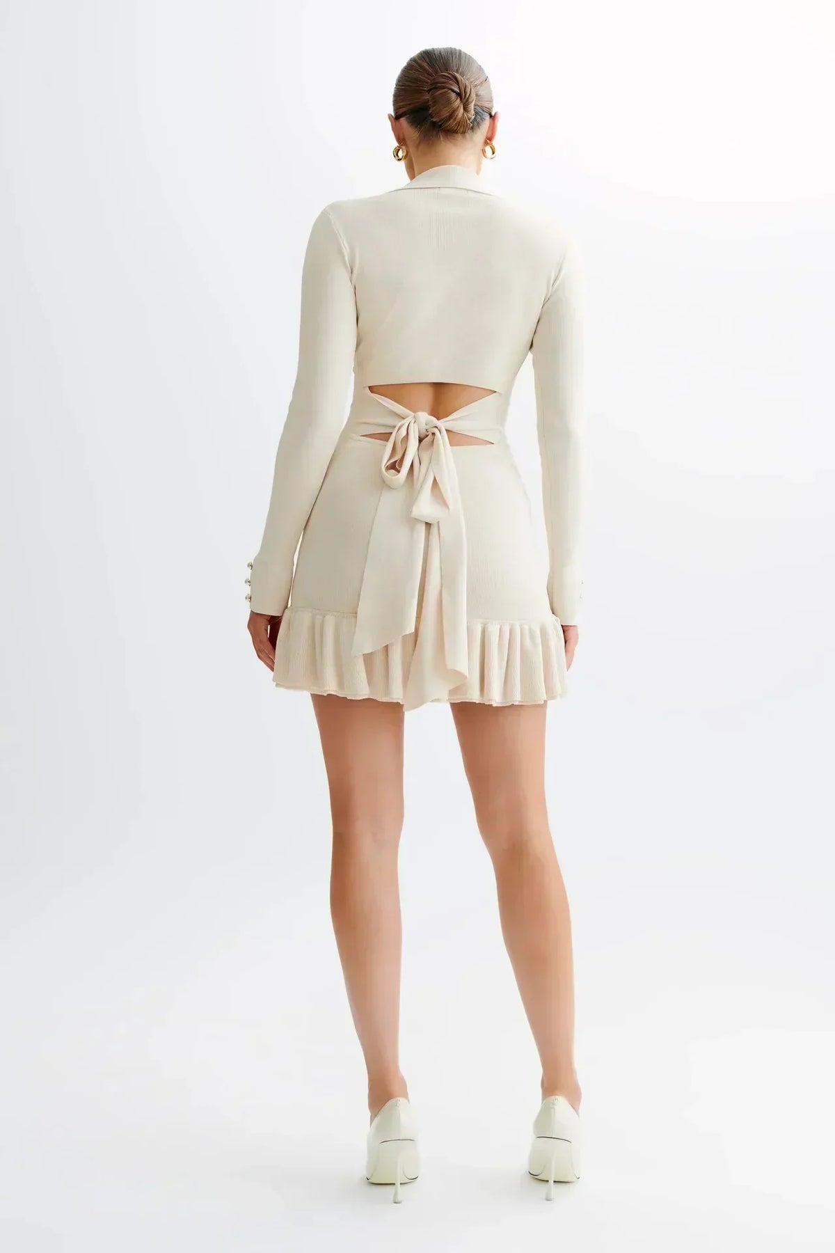 Ruffled Contrast Bow Open Back Lace - Up Knit Mini Dress - View 21