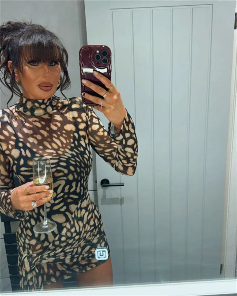 Mesh Leopard Print Turtleneck Mini Dress - View 13