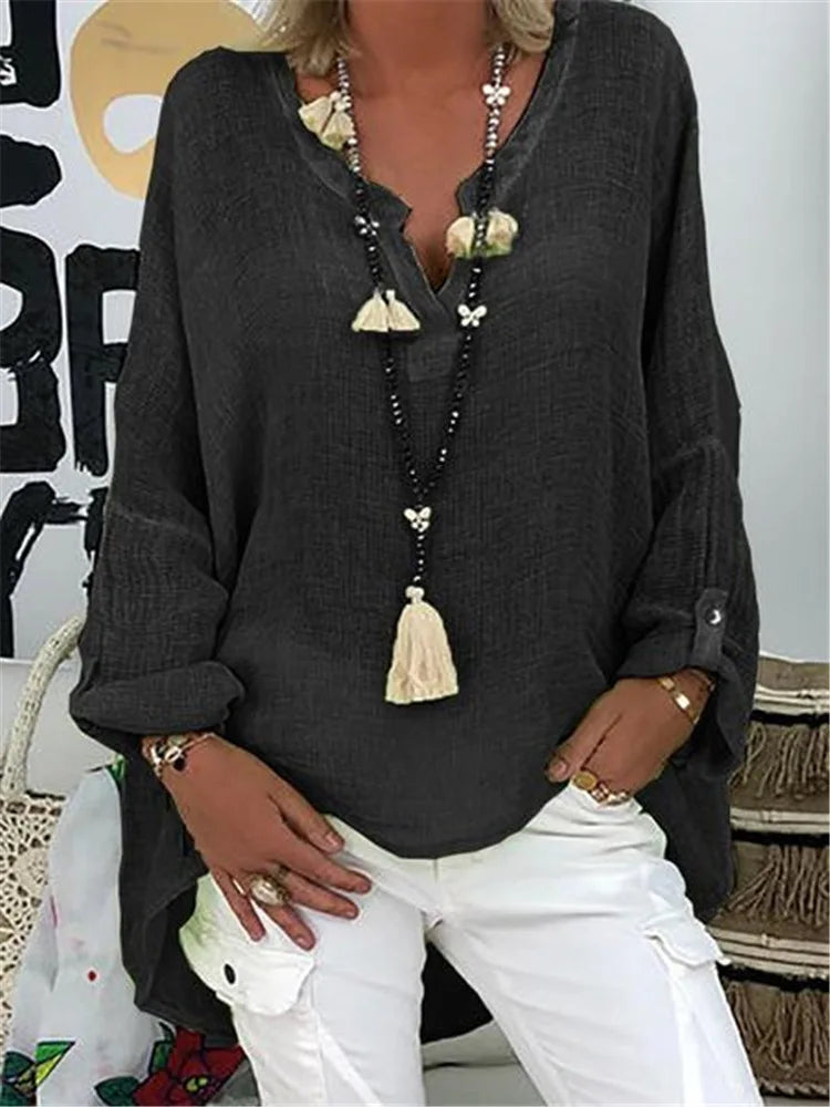 Notch Neck Long Sleeve Oversized Linen Blouse 3