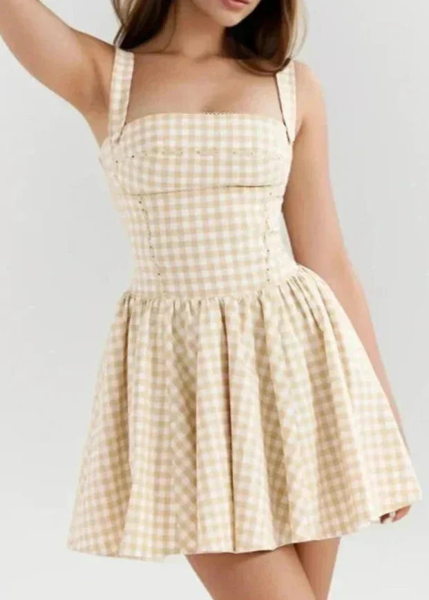 Gingham Print Square Neck Corset Paneled Pleated Mini Dress - View 6