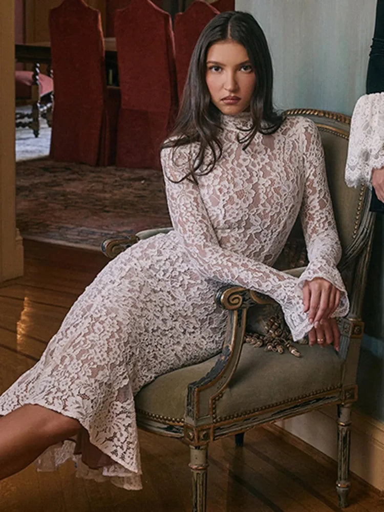 Floral Lace Mock Neck Long Sleeve Scalloped Cuff Bodycon Gown - View 3