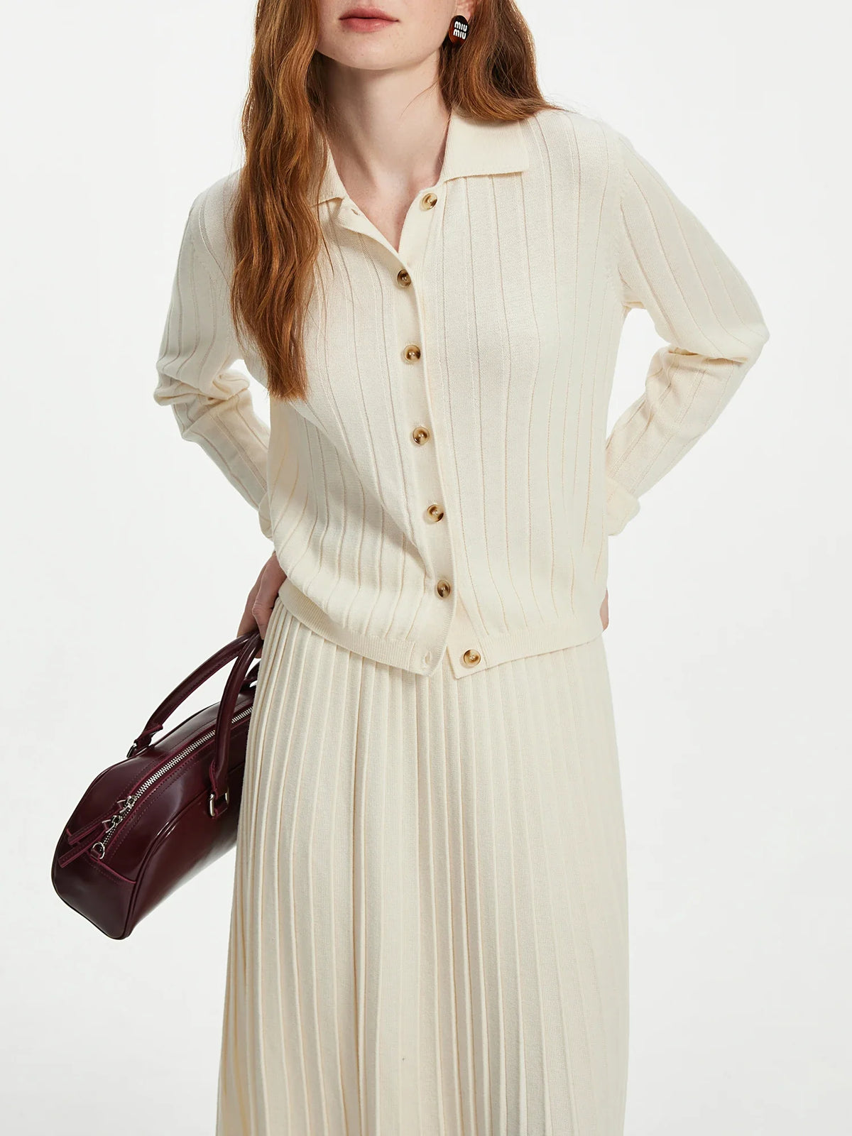 Wool Gray White Knit Set Style Cardigan