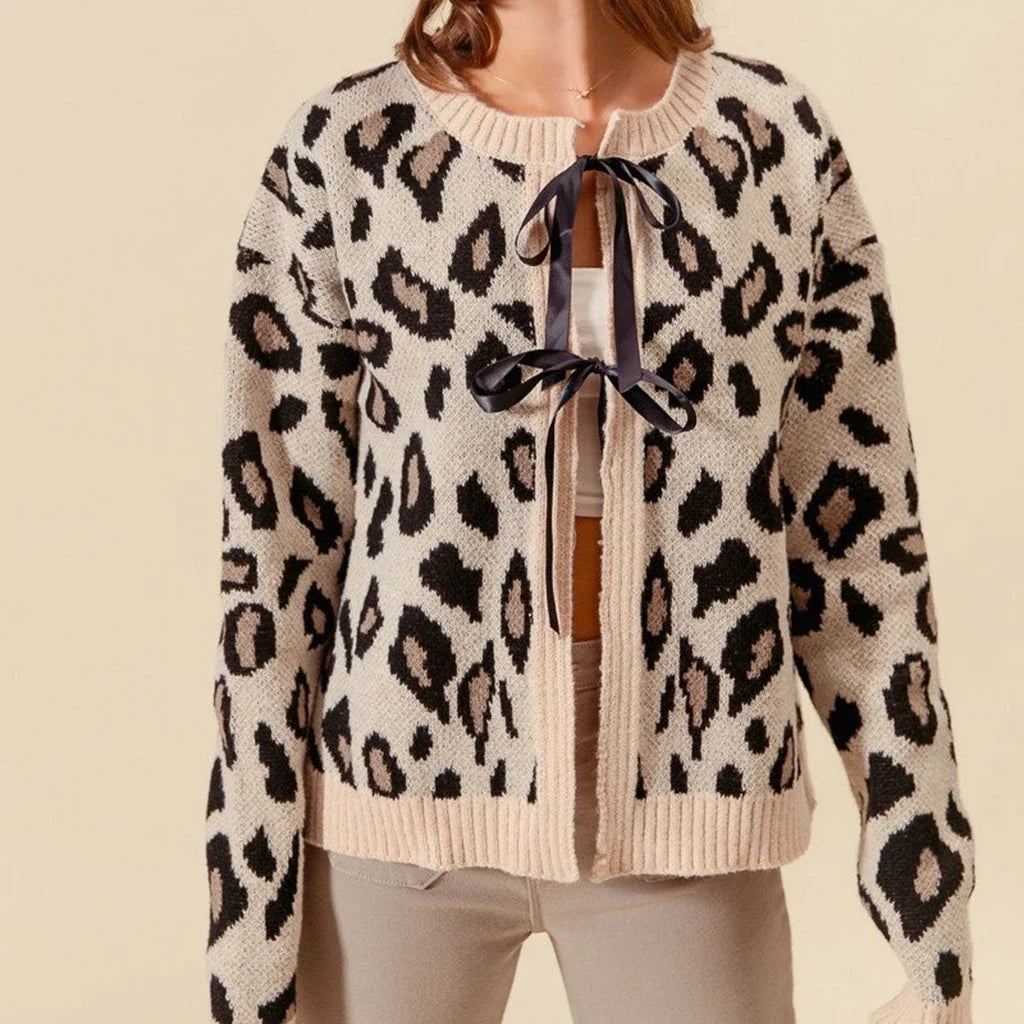 Leopard Contrast Bow Lace-up Knit Cardigan