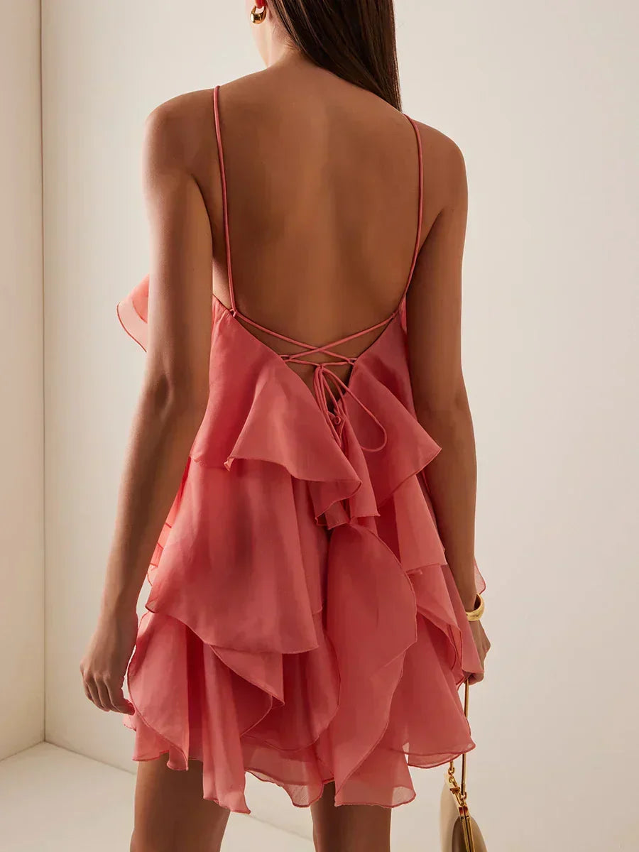 Halter Neck 3D Rosette Tiered Ruffle Organza Mini Dress - View 6