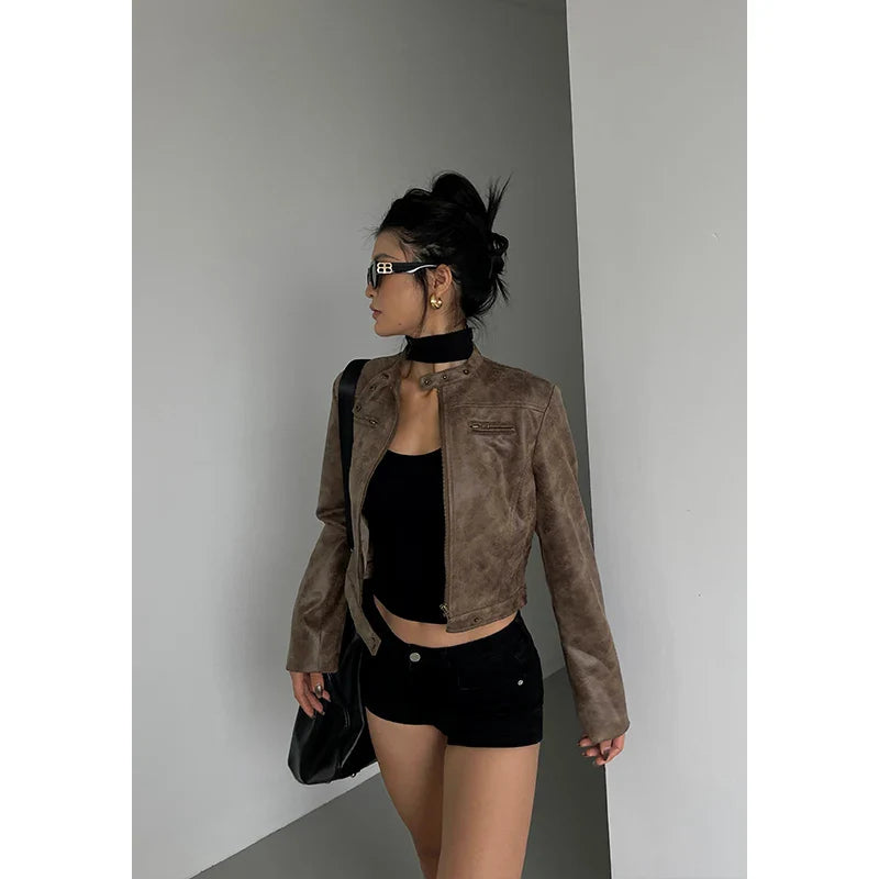 Stand Collar Short Motorcycle Jacket - Fashionpara