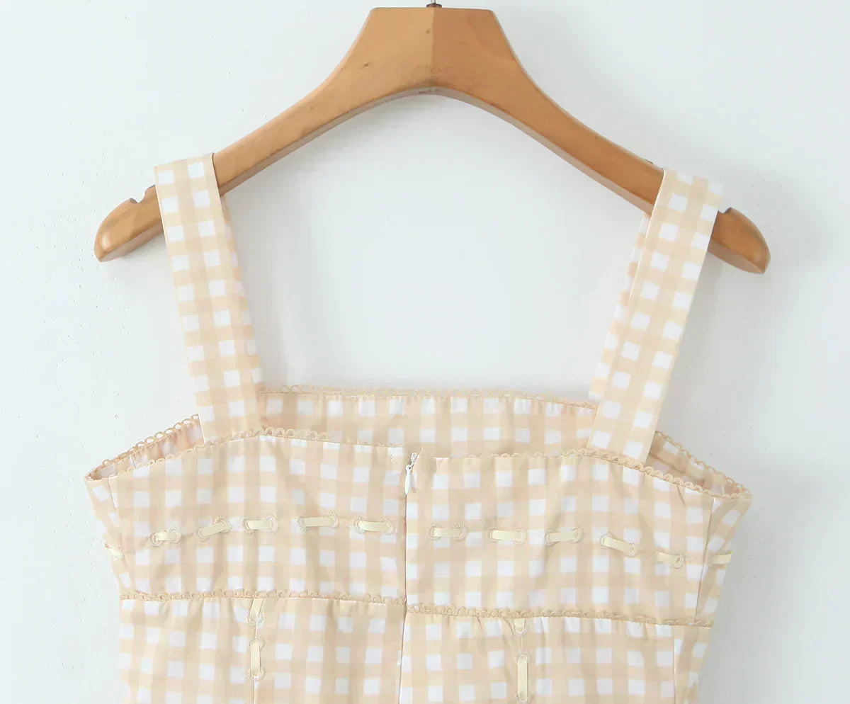 Gingham Print Square Neck Corset Paneled Pleated Mini Dress - View 10