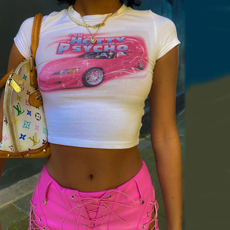 Kawaii Pink Anime Print Slim Fit Crop Top