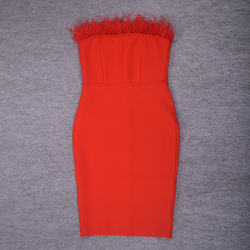 Lessie Strapless Feather Bodycon Dress - Fashionpara