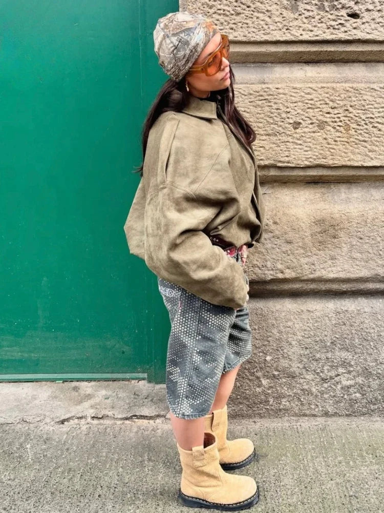 Brown Green Lapel Bomber Jacket - Fashionpara