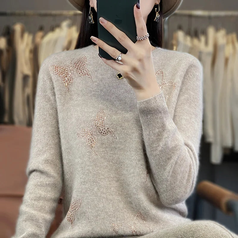 Crew Neck Butterfly Embellished Knit Sweater 4