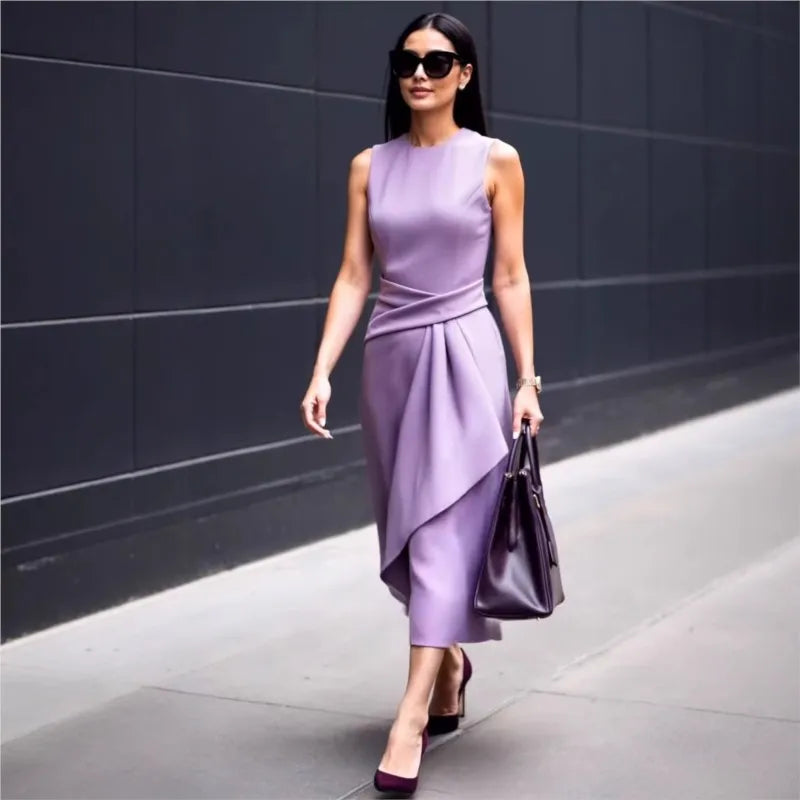 Round Neck Sleeveless Ruffle Front Midi Dress 2