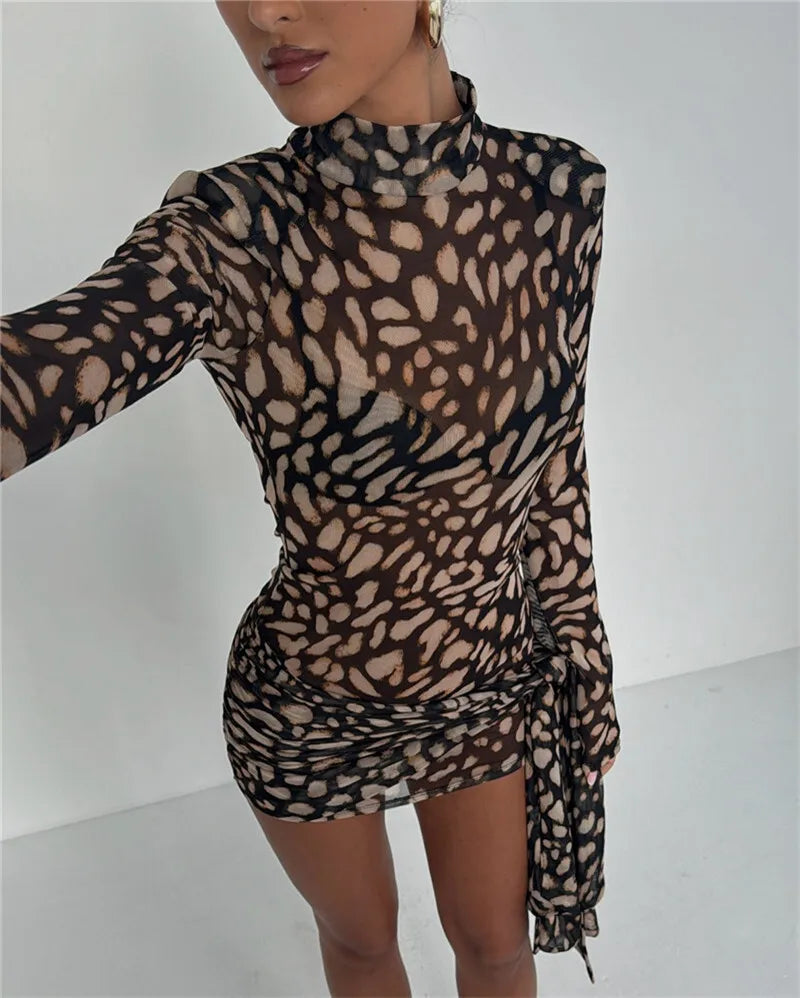 Mesh Leopard Print Turtleneck Mini Dress - View 2