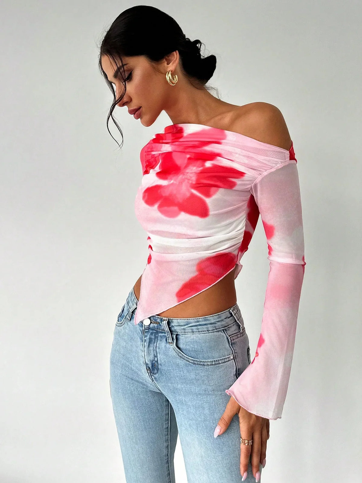 Oblique Tie-Dye Long Sleeve Sheer Top