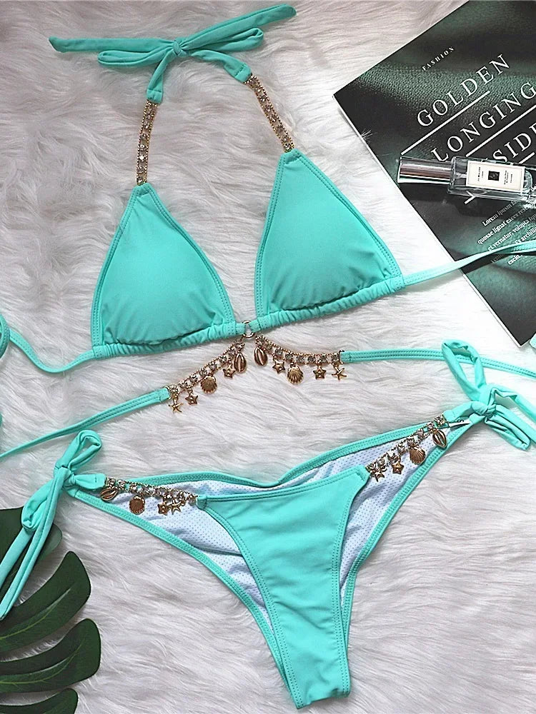 Wrinkled Diamond Metal Chain Bikini Set