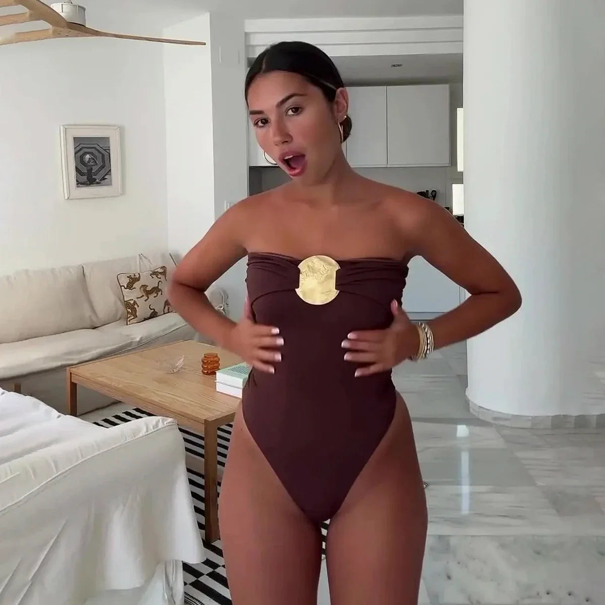 Metal Decoration Black Coffee One Piece Swimwear