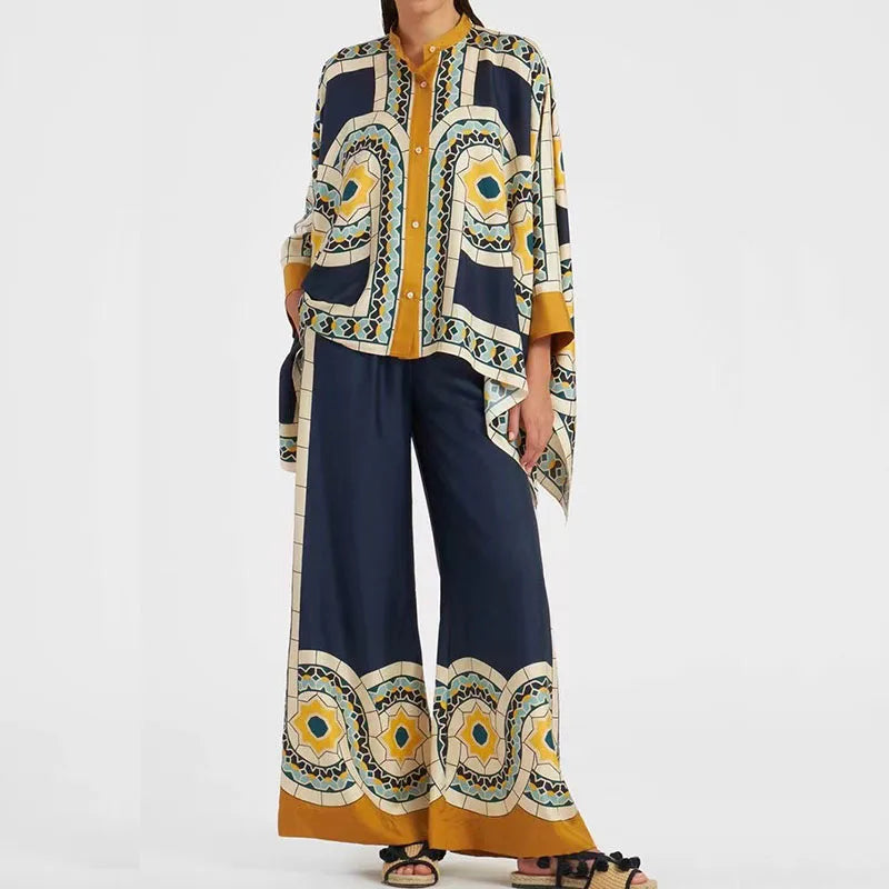 Elegant Women's Long Sleeve Button Shirt and Wide Leg Pants Set